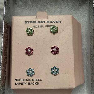 Sterling Silver multi color Floral Stud Earrings Set NEW